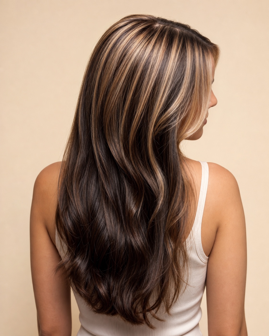 Partial highlights concentrated at the crown and face frame with darker natural hair underneath