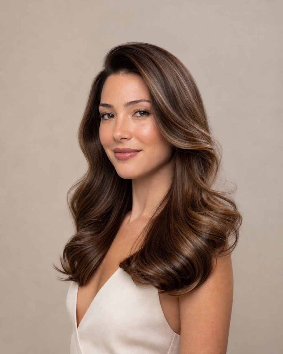Bouncy salon blow-dry with soft volume and shine