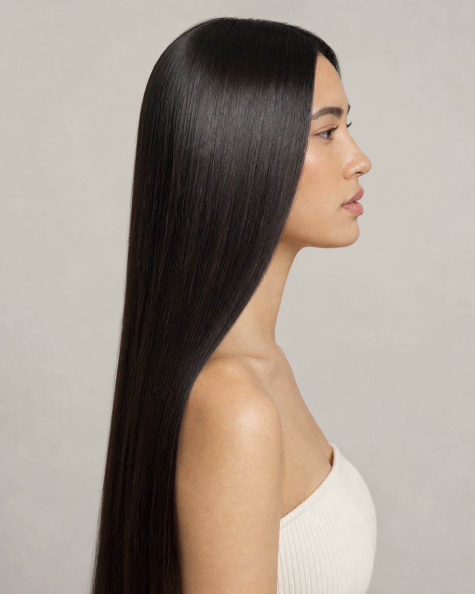 Sleek, glossy straight hair finished with a flat iron